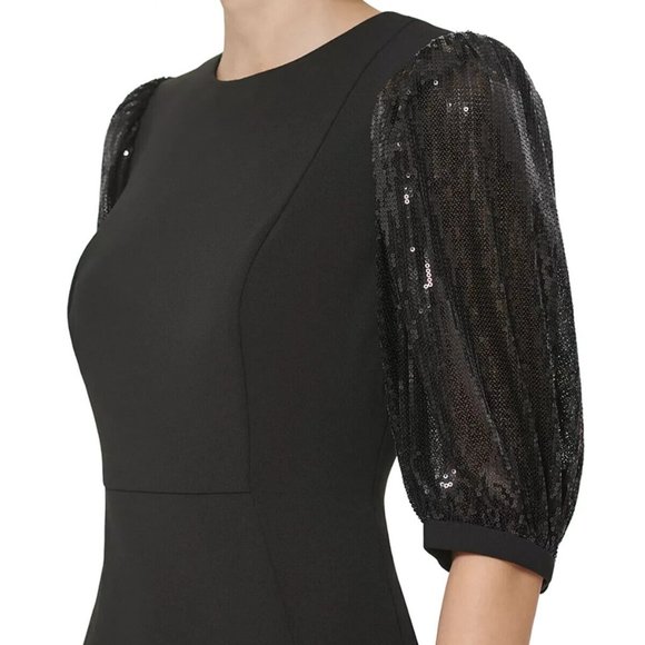 CALVIN KLEIN Sequined Puff-Sleeve Sheath Dress Black Size 2 - Picture 4 of 5